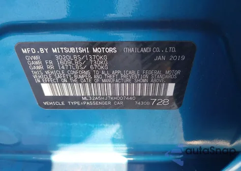 2019 Mitsubishi Mirage Gt from USA, damaged, VIN ML32A5HJ7KH007440